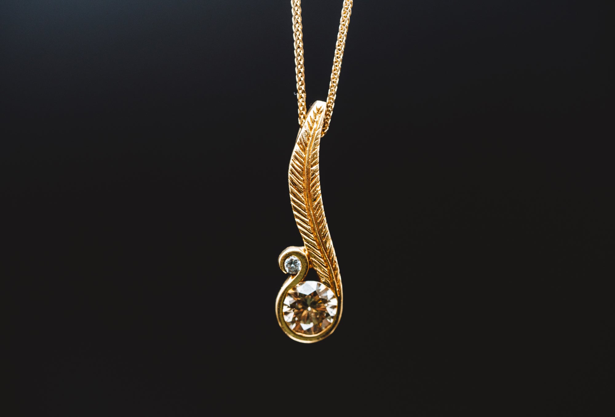 18k Yellow Gold Feather and Diamond Pendant