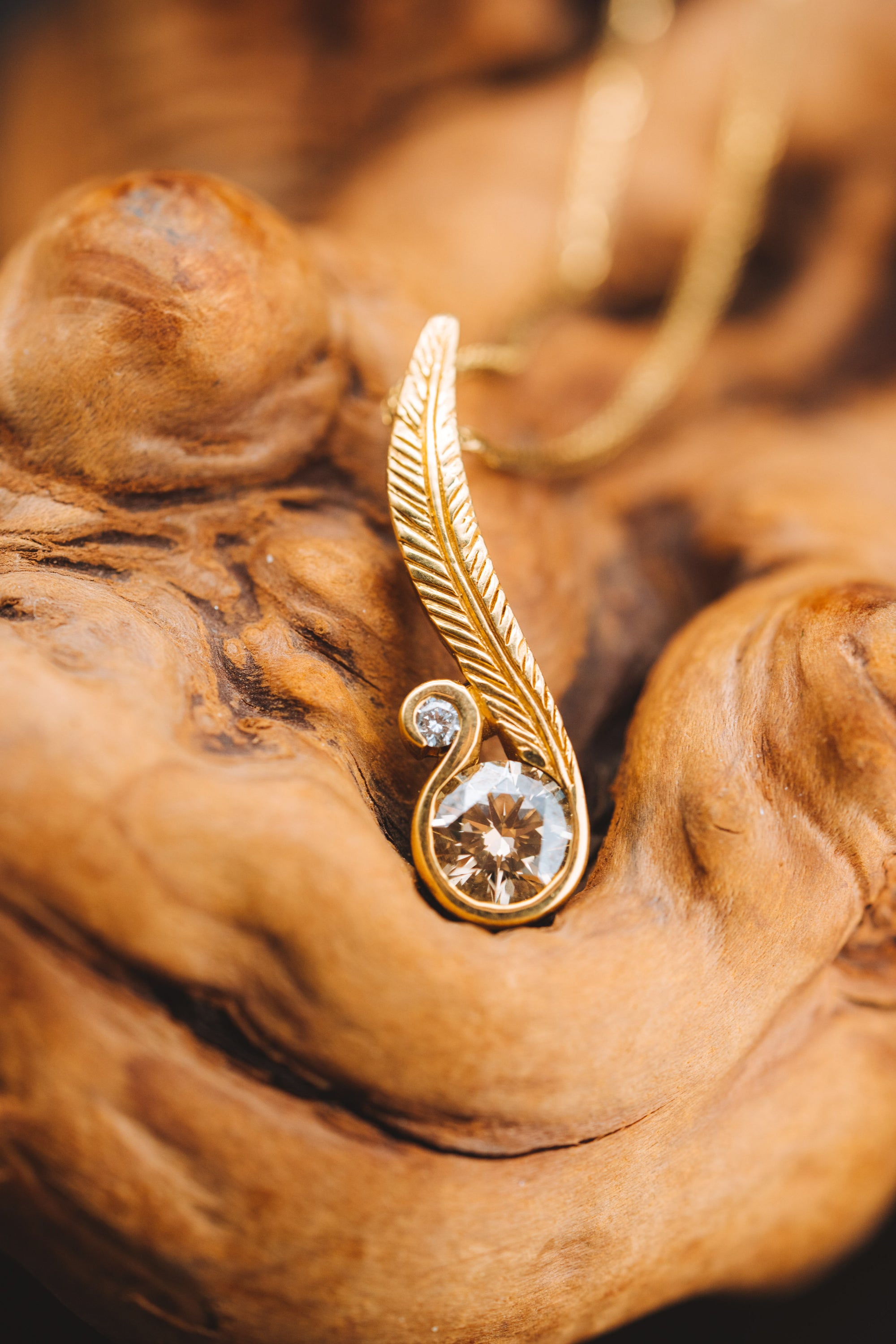 18k Yellow Gold Feather and Diamond Pendant