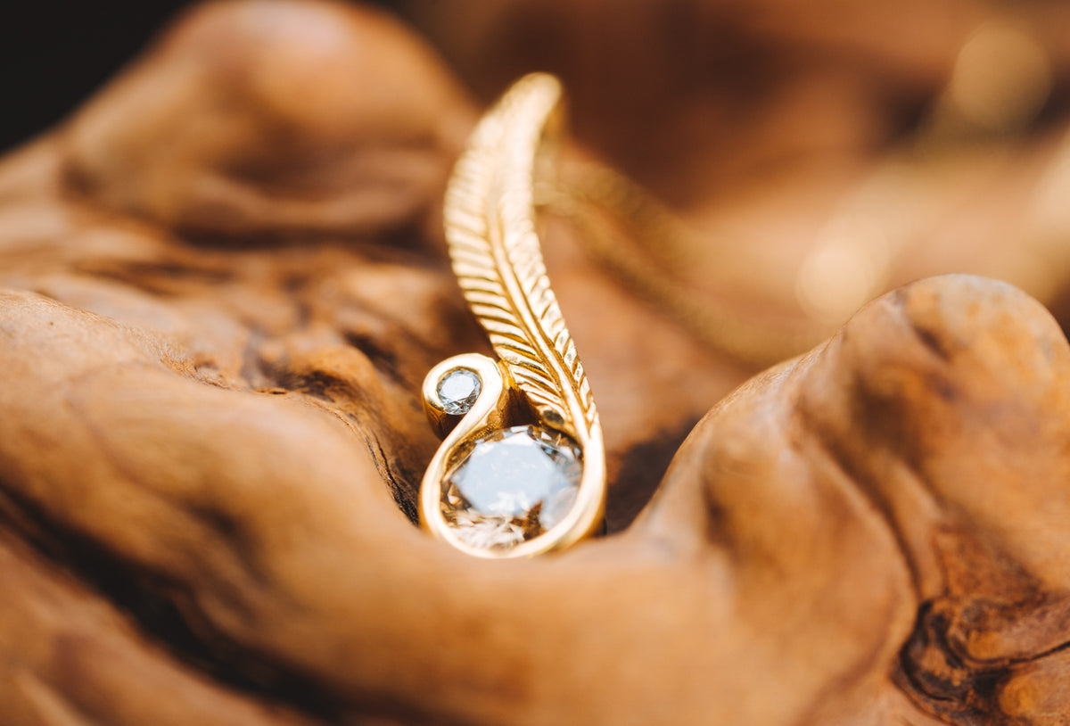 18k Yellow Gold Feather and Diamond Pendant