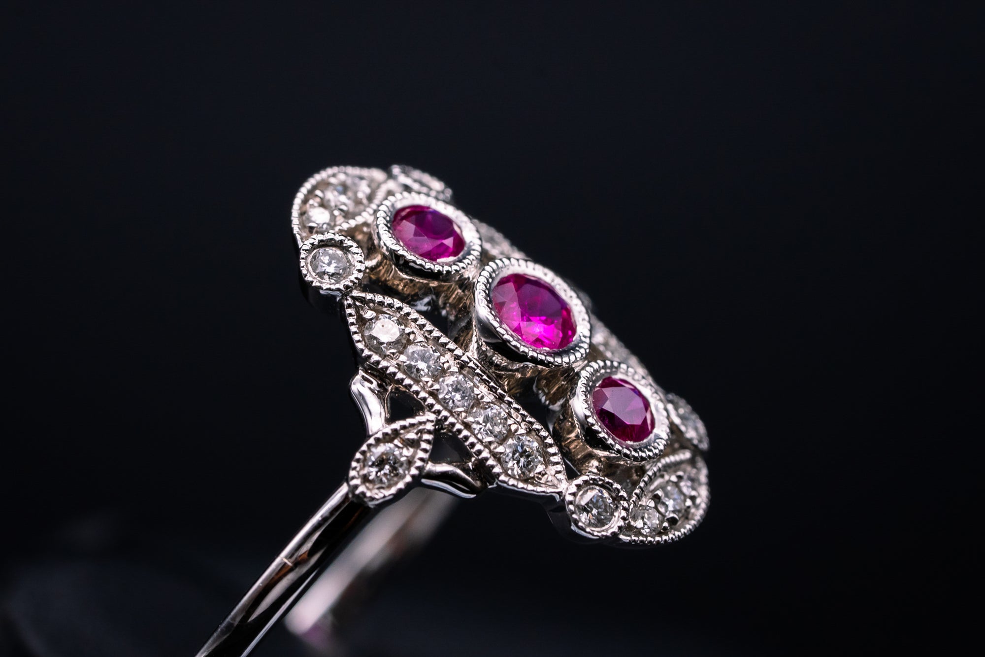 14k White Gold Ruby and Diamond Vintage Style Ring