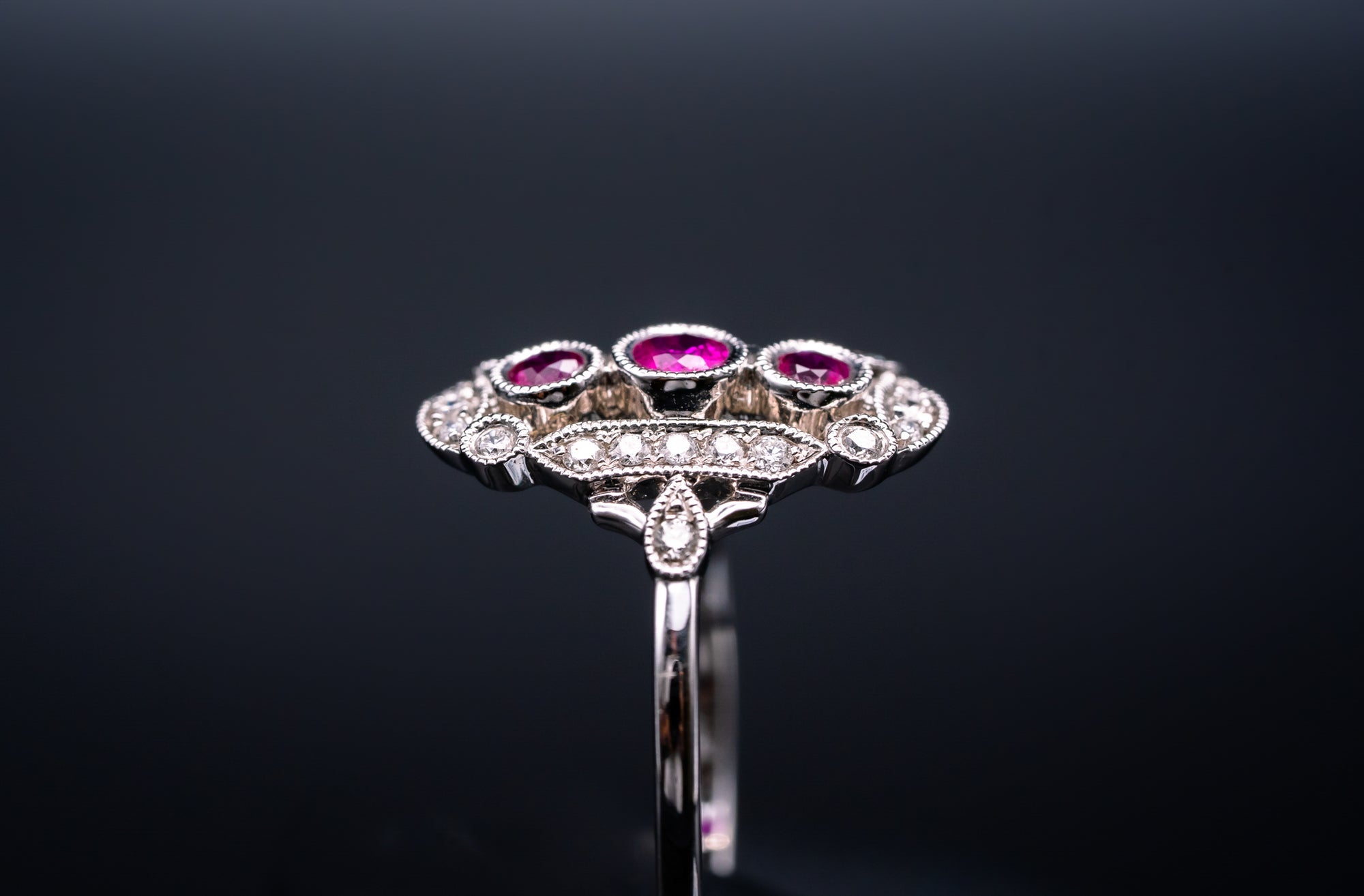 14k White Gold Ruby and Diamond Vintage Style Ring