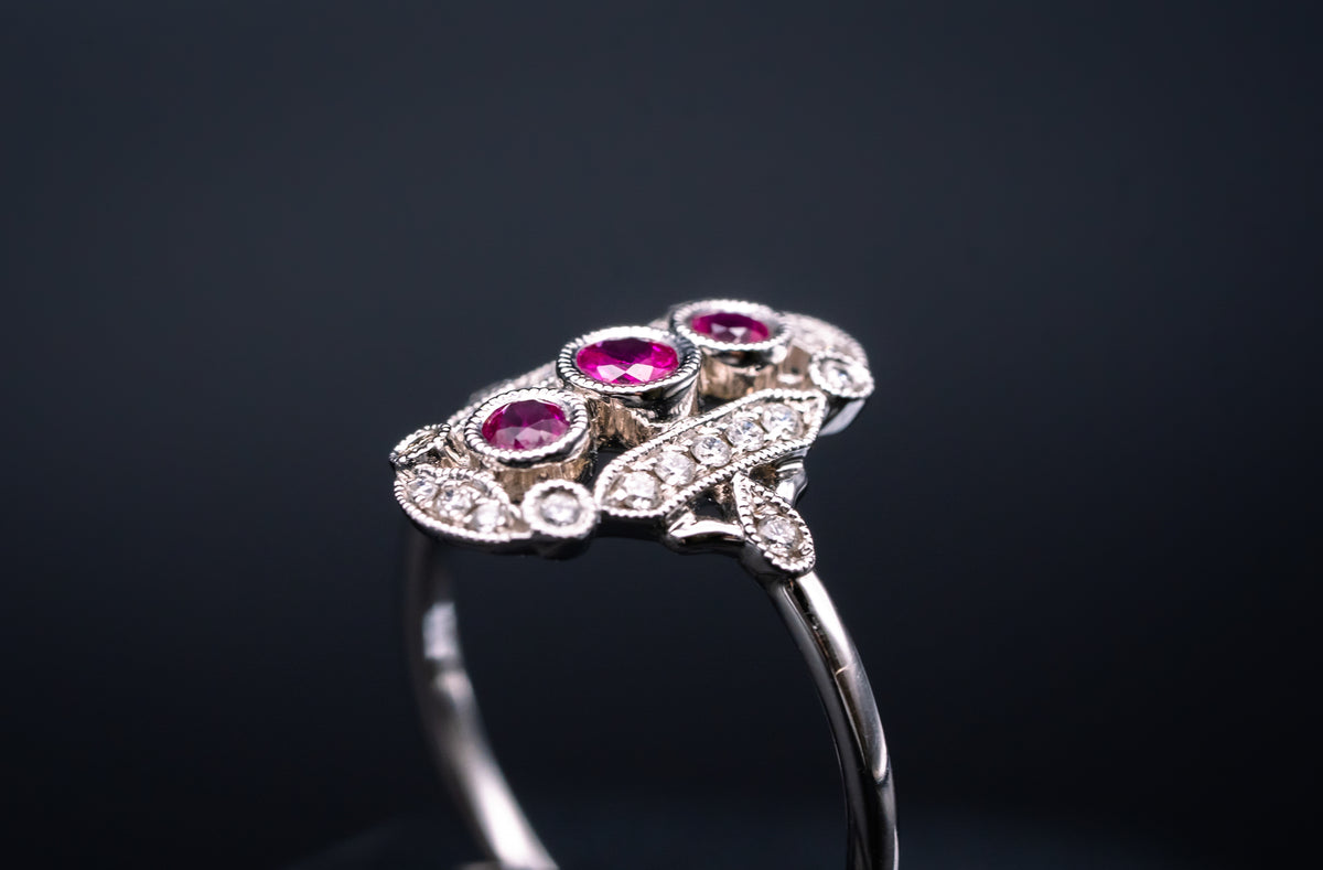 14k White Gold Ruby and Diamond Vintage Style Ring