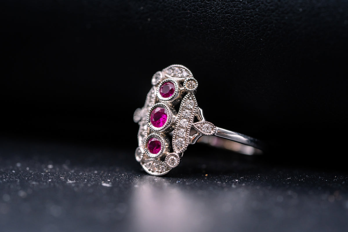 14k White Gold Ruby and Diamond Vintage Style Ring