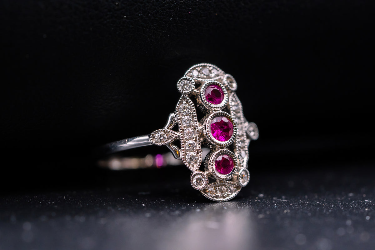 14k White Gold Ruby and Diamond Vintage Style Ring