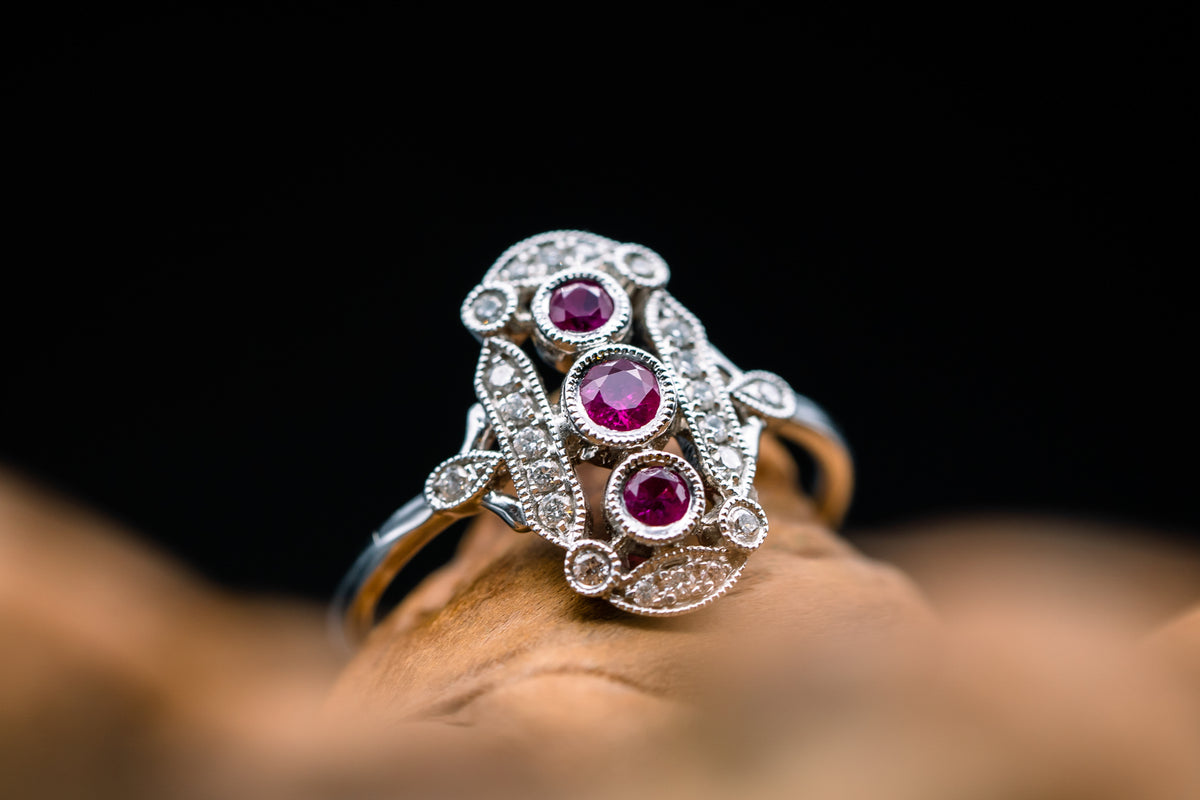 14k White Gold Ruby and Diamond Vintage Style Ring
