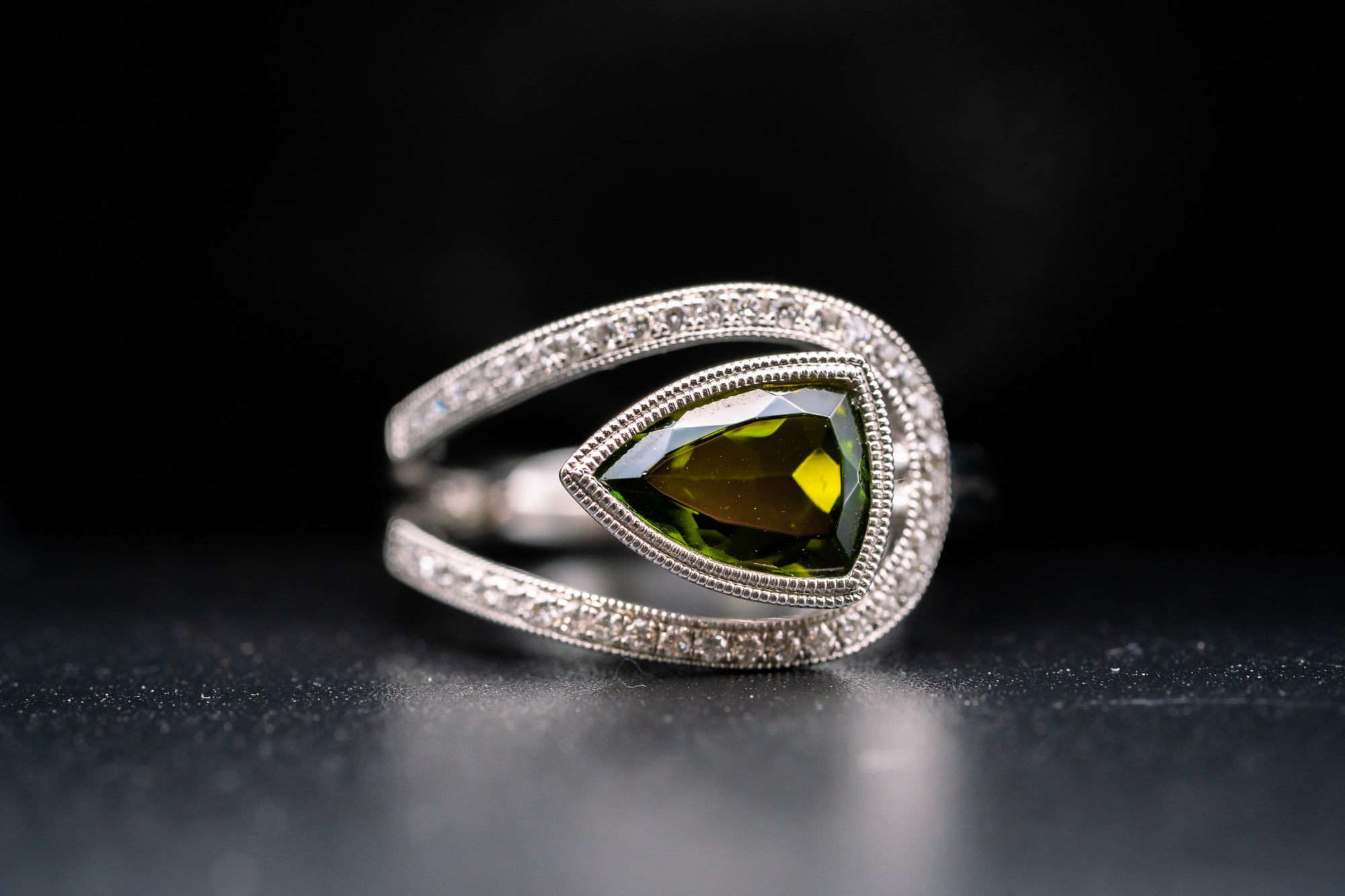 14k White Gold Green Trillion Green Tourmaline and Diamond Ring