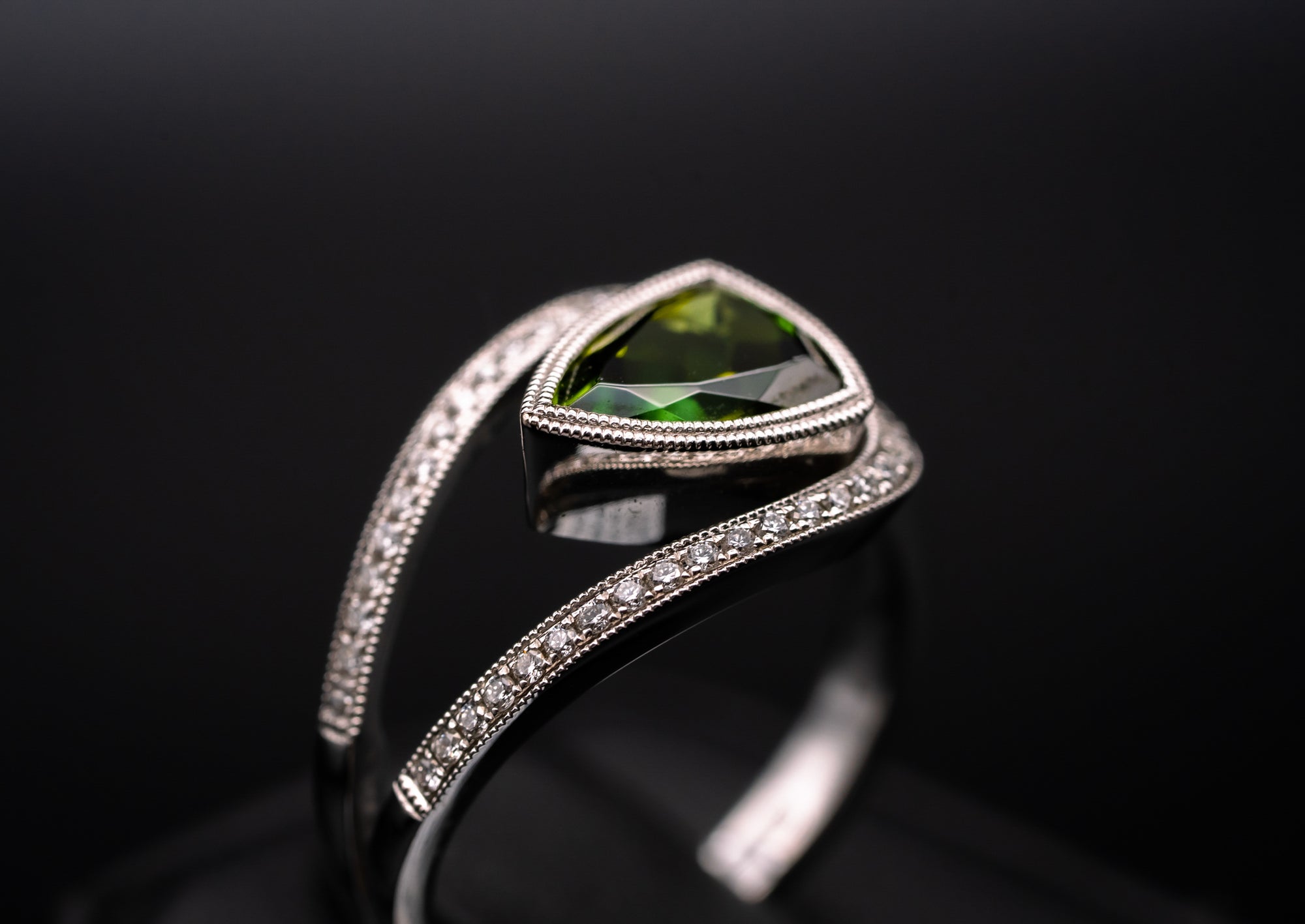 14k White Gold Green Trillion Green Tourmaline and Diamond Ring